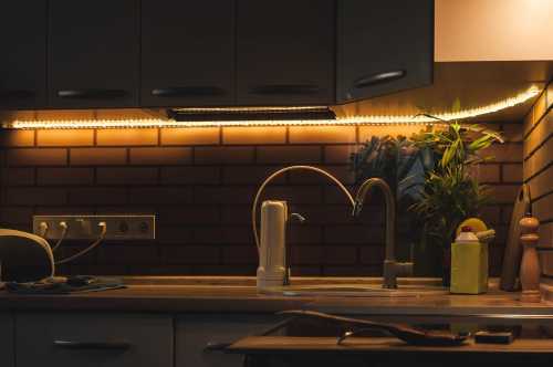 LED strip with base in kitchen with warm lighting